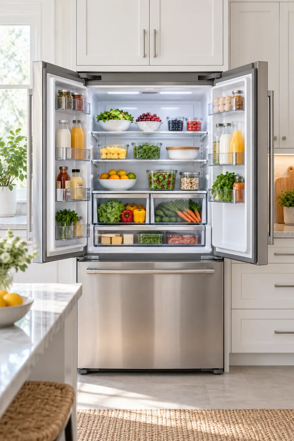 refrigerador French Door aberto em cozinha clara